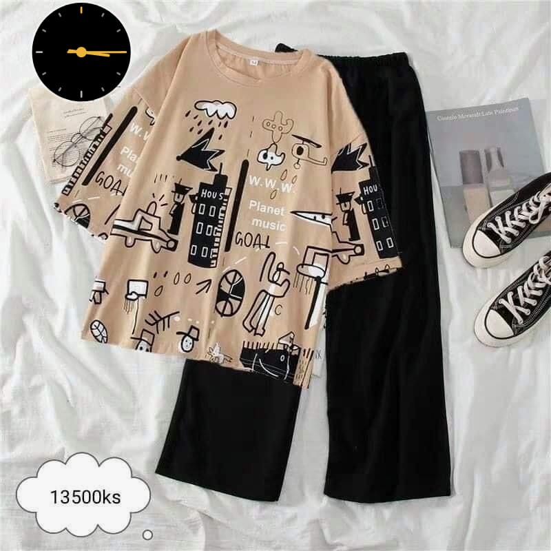 Planet printed Brown Night Suite