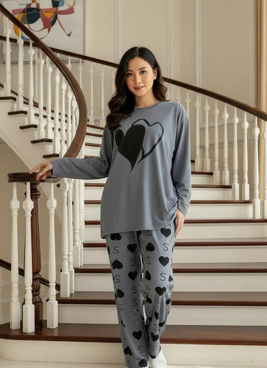 Double Heart  Gray Printed Night Suite